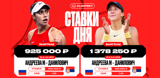 Клиент OLIMPBET выиграл 2 303 250 рублей на встрече Андреевой и Данилович